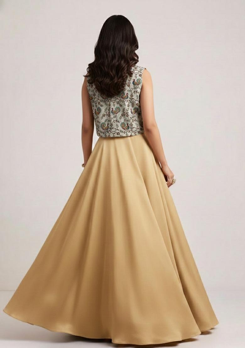 Champagne Gold Figure Print Crepe Lehenga Set - Indya