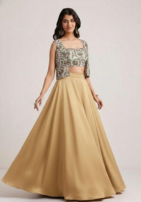 Champagne Gold Figure Print Crepe Lehenga Set
