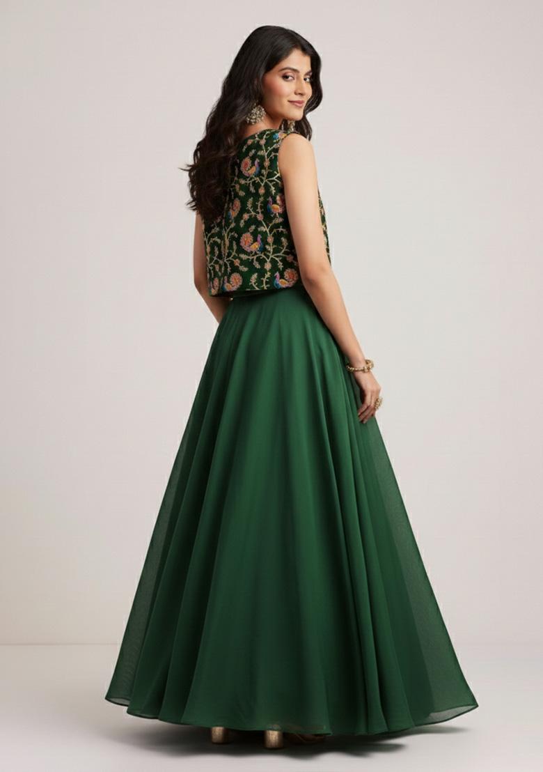 Dark Green Figure Print Crepe Lehenga Set - Indya