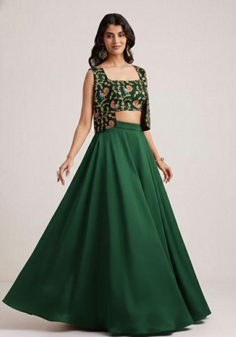 Dark Green Figure Print Crepe Lehenga Set