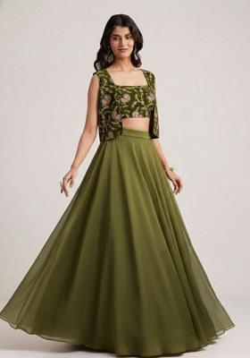 Olive Green Figure Print Crepe Lehenga Set