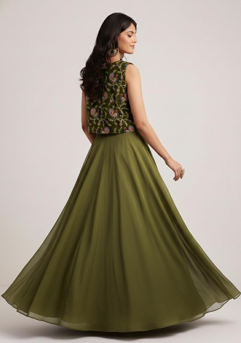 Olive Green Figure Print Crepe Lehenga Set - Indya