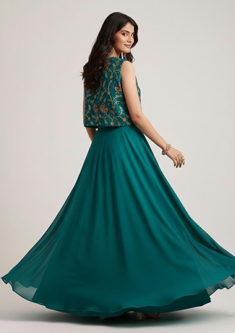 Teal Blue Figure Print Crepe Lehenga Set - Indya