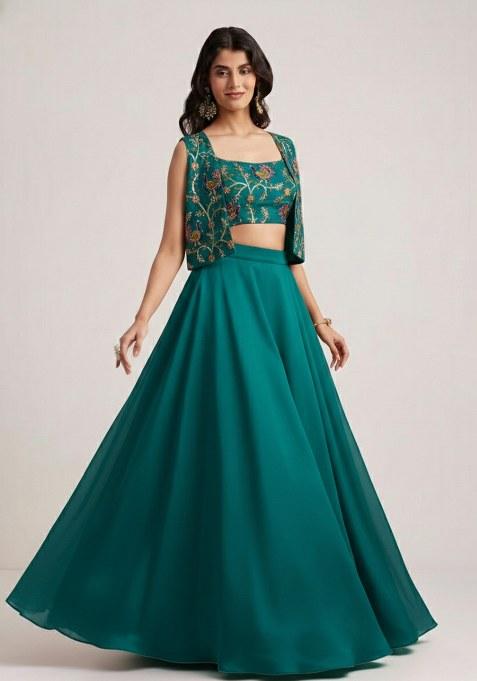 Teal Blue Figure Print Crepe Lehenga Set — view on Indya