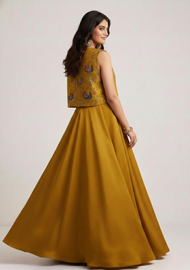 Mustard Yellow Figure Print Crepe Lehenga Set - Indya