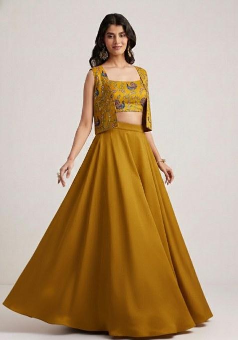 Mustard Yellow Figure Print Crepe Lehenga Set