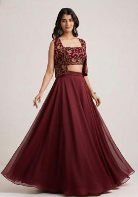 Wine Figure Print Crepe Lehenga Set