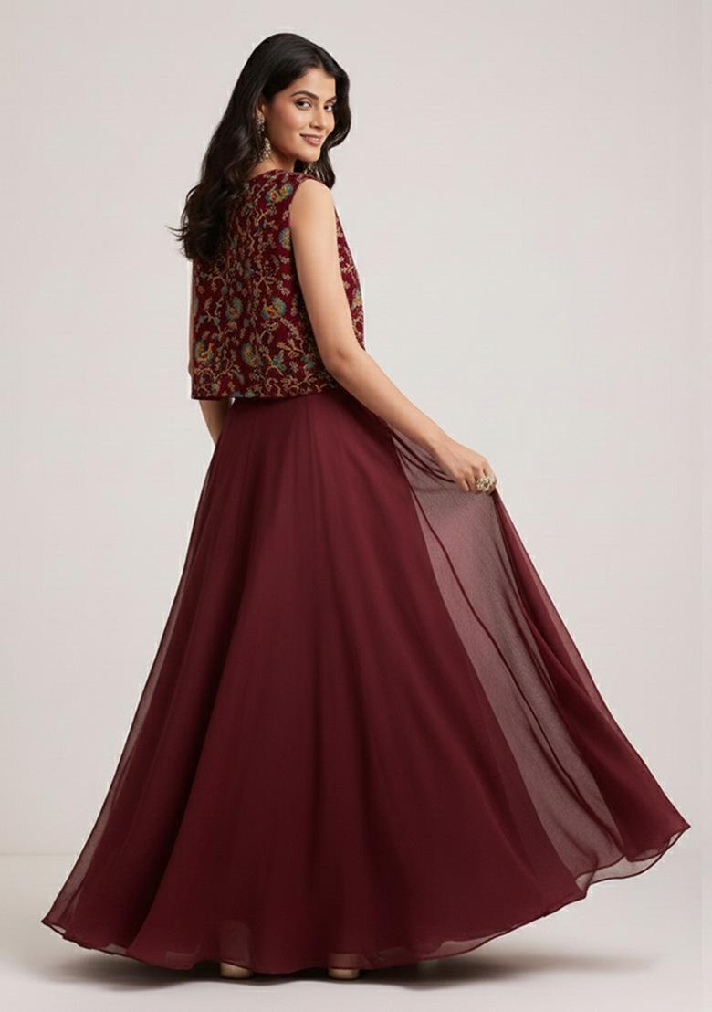 Wine Figure Print Crepe Lehenga Set - Indya