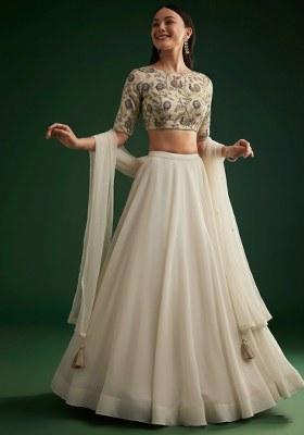 Off White Figure Print Crepe Lehenga Set