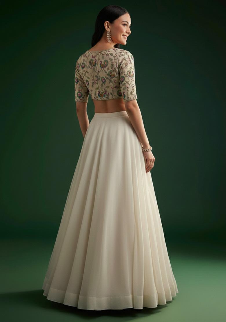 Off White Figure Print Crepe Lehenga Set - Indya