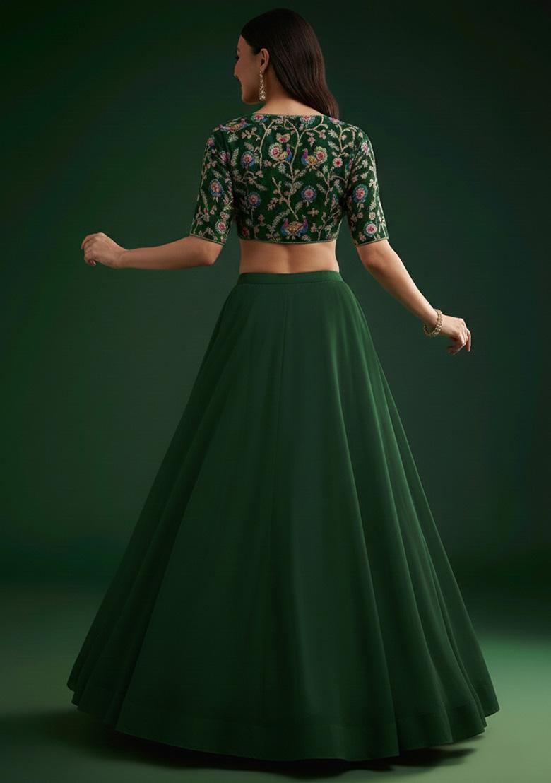 Dark Green Figure Print Crepe Lehenga Set - Indya