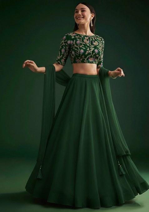 Dark Green Figure Print Crepe Lehenga Set