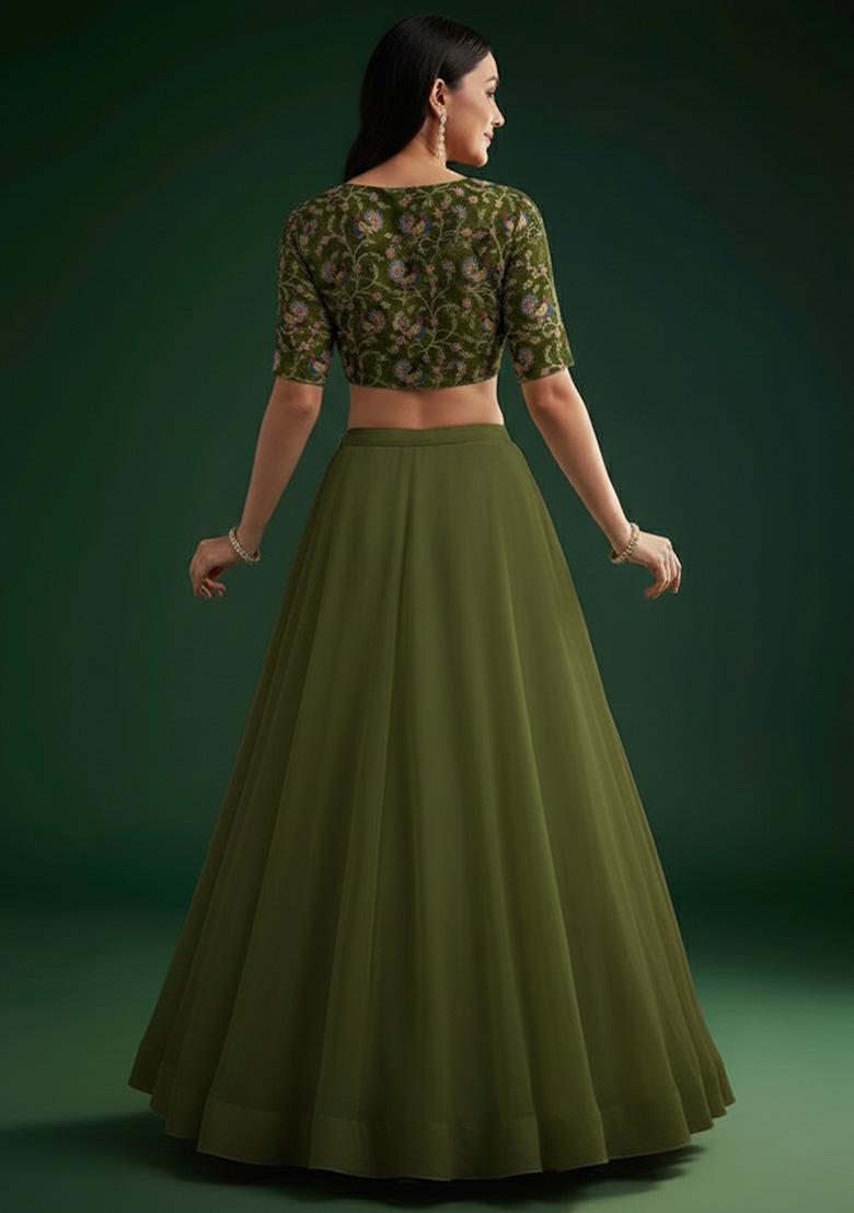 Olive Green Figure Print Crepe Lehenga Set - Indya