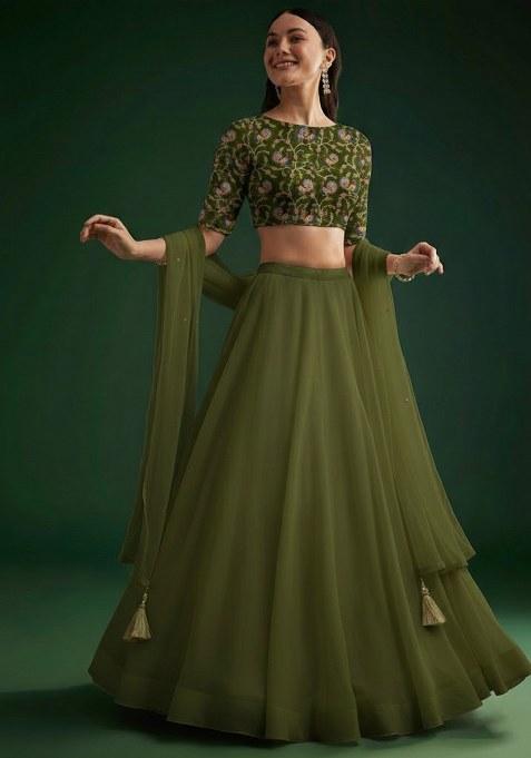 Olive Green Figure Print Crepe Lehenga Set
