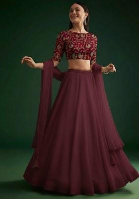 Wine Figure Print Crepe Lehenga Set