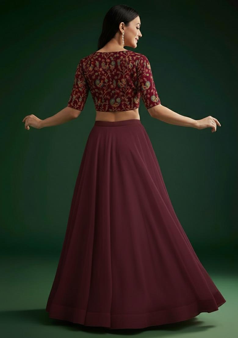 Wine Figure Print Crepe Lehenga Set - Indya