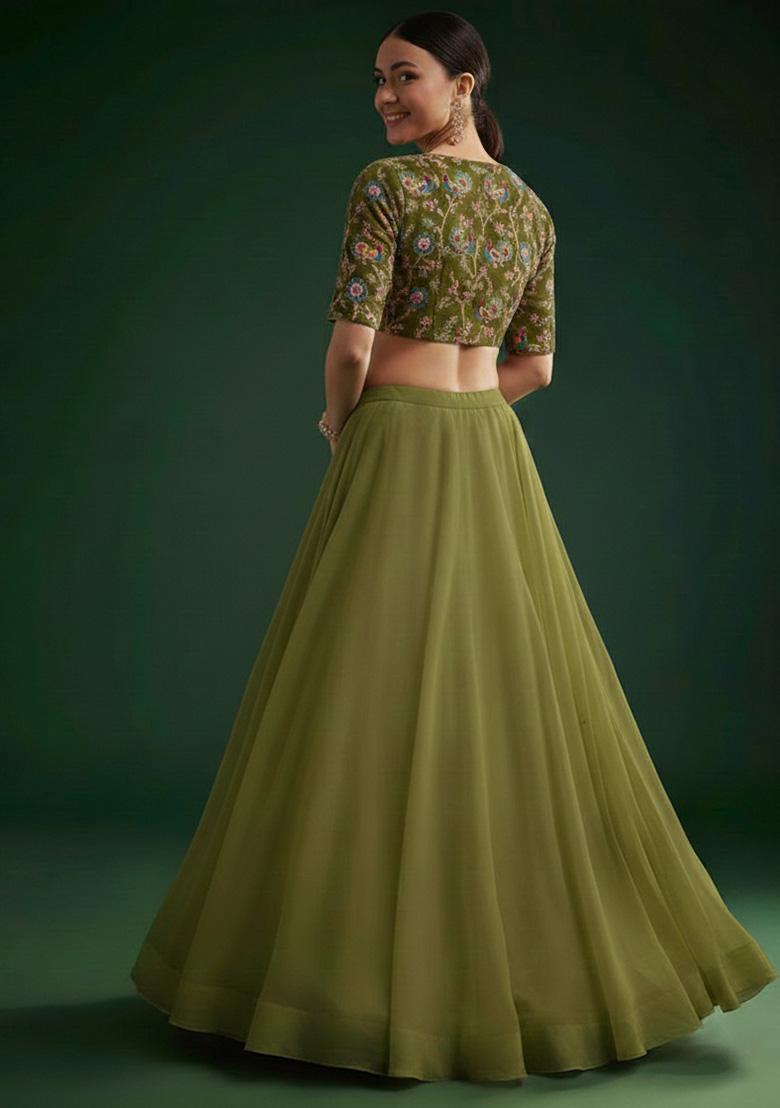 Olive Green Figure Print Crepe Lehenga Set - Indya