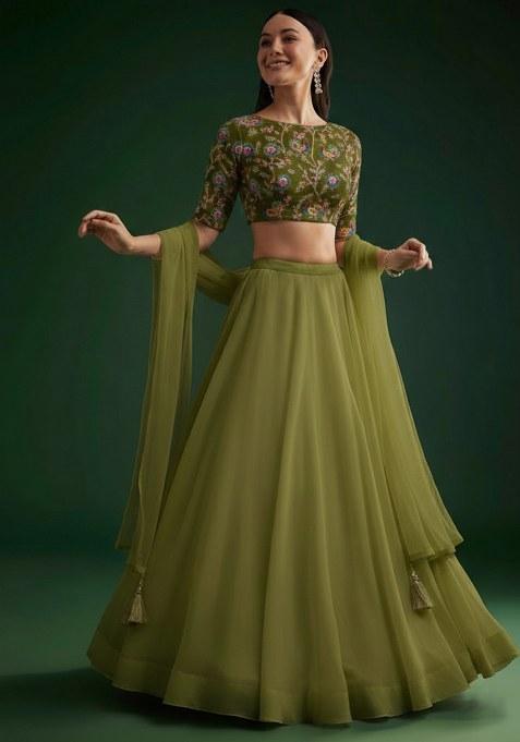 Olive Green Figure Print Crepe Lehenga Set