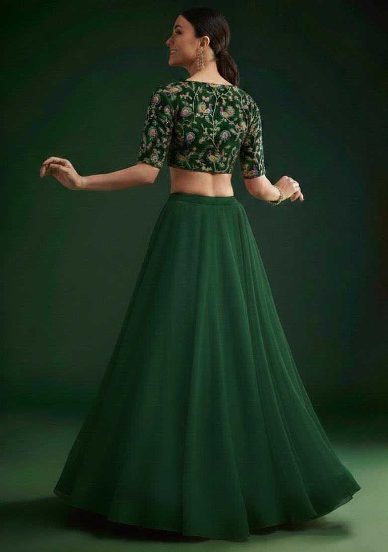 Dark Green Figure Print Crepe Lehenga Set - Indya