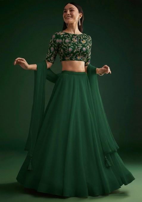 Dark Green Figure Print Crepe Lehenga Set