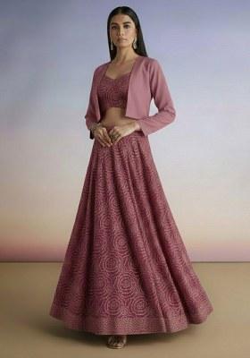 Muave Embroidered Crepe Lehenga Set