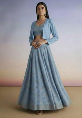Powder Blue Embroidered Crepe Lehenga Set