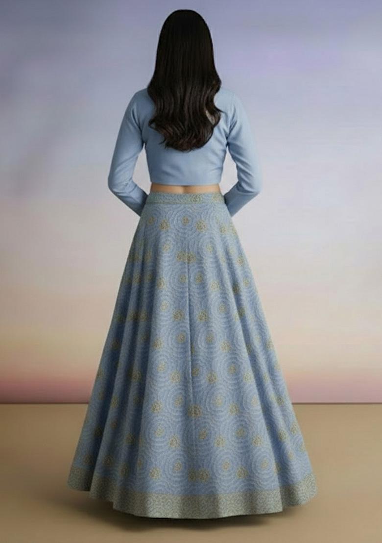 Powder Blue Embroidered Crepe Lehenga Set - Indya