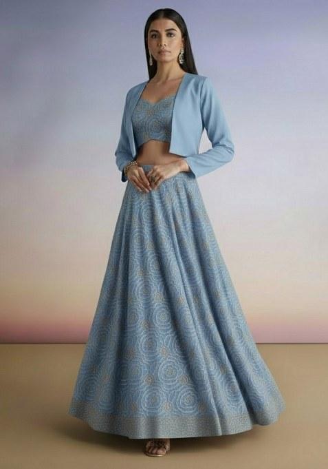 Powder Blue Embroidered Crepe Lehenga Set — view on Indya