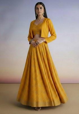 Yellow Embroidered Crepe Lehenga Set