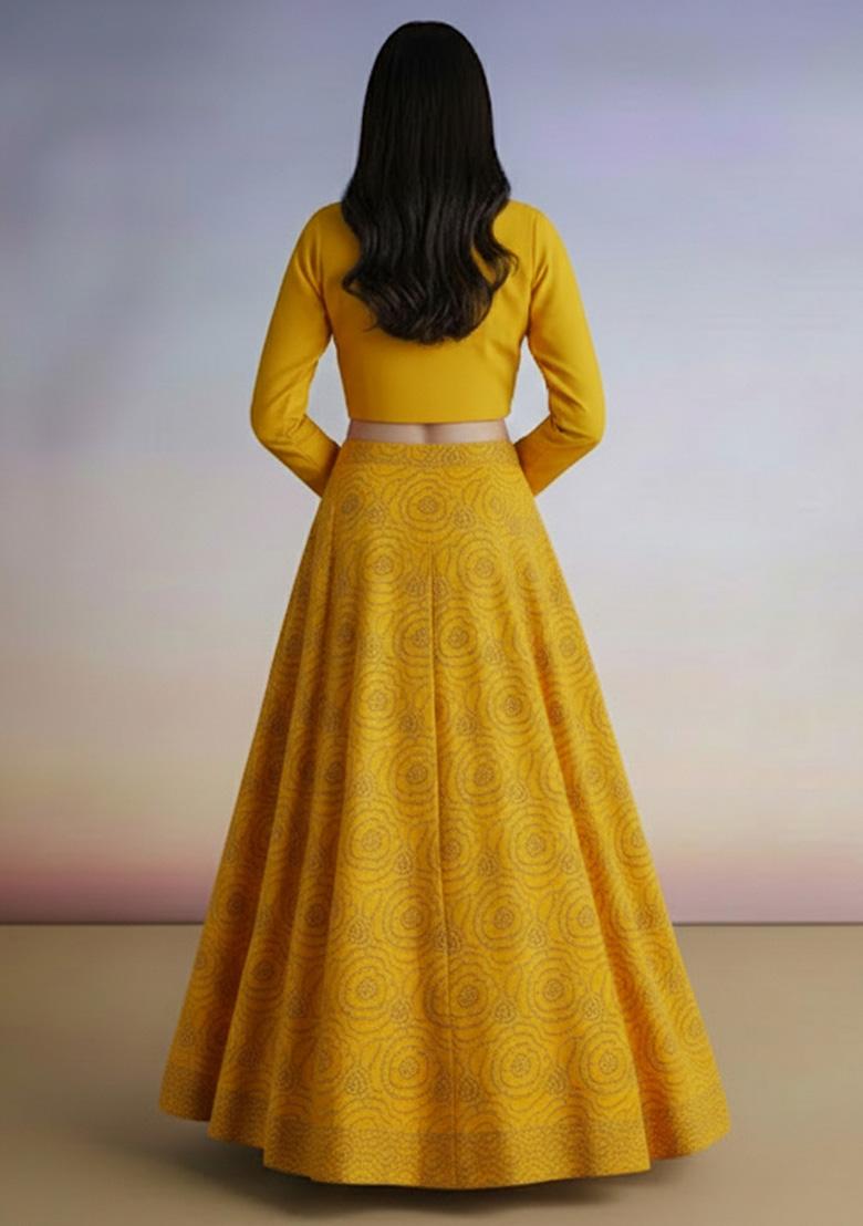 Yellow Embroidered Crepe Lehenga Set - Indya