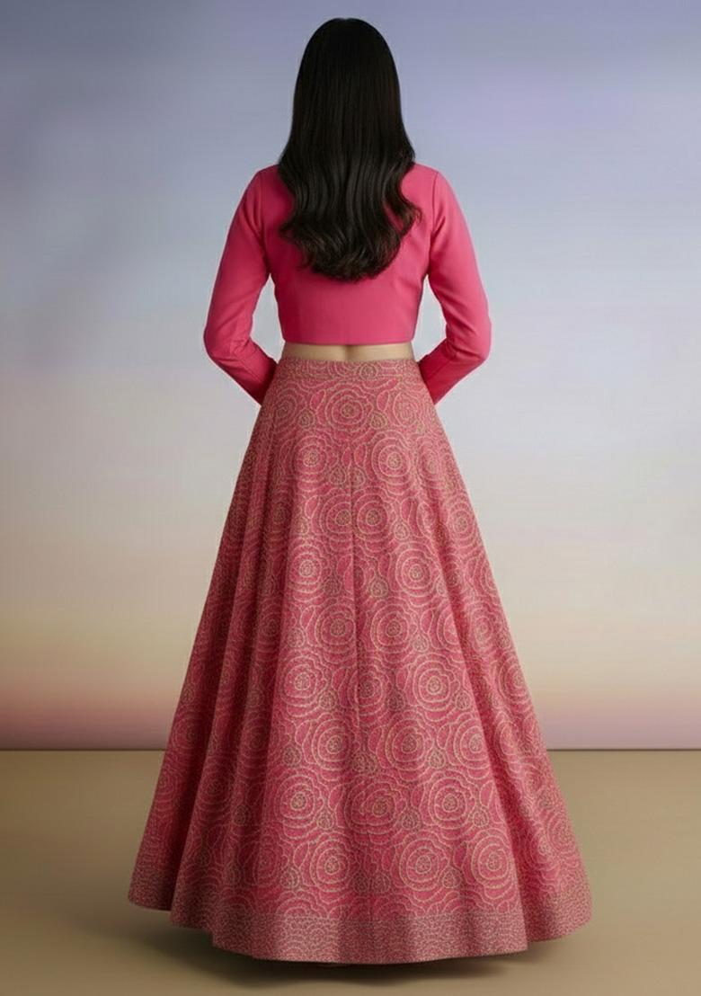 Pink Embroidered Crepe Lehenga Set - Indya