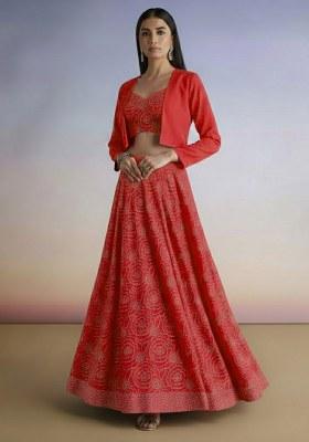 Deep Red Embroidered Crepe Lehenga Set
