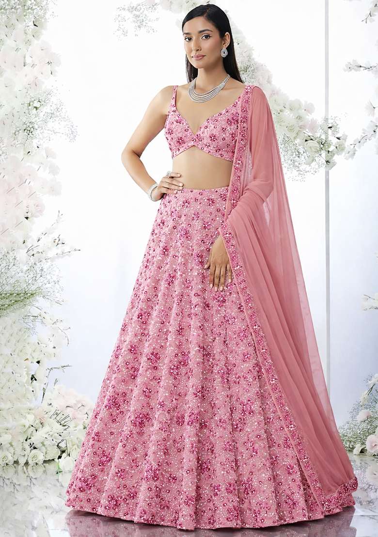 Light Pink Sequin Net Lehenga Set - Indya