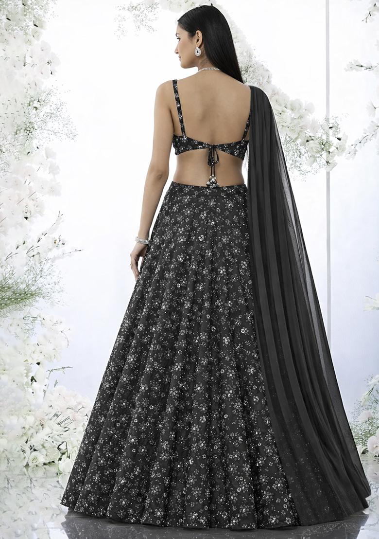 Black Sequin Net Lehenga Set - Indya