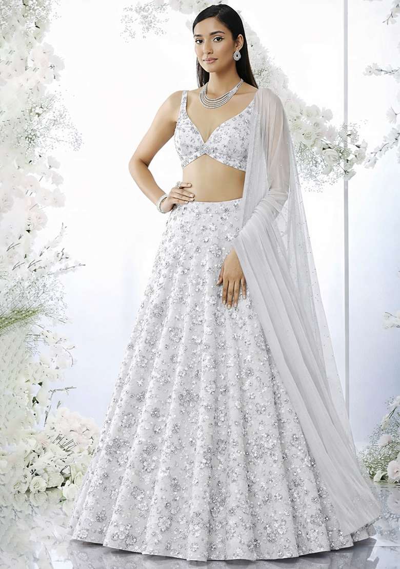 Ivory Sequin Net Lehenga Set - Indya