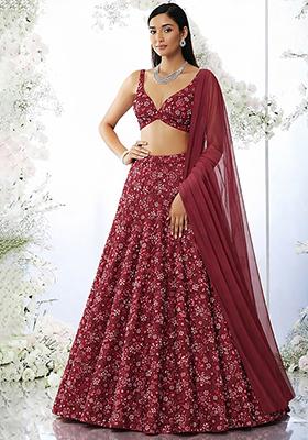 Deep Red Embroidered Net Lehenga Set