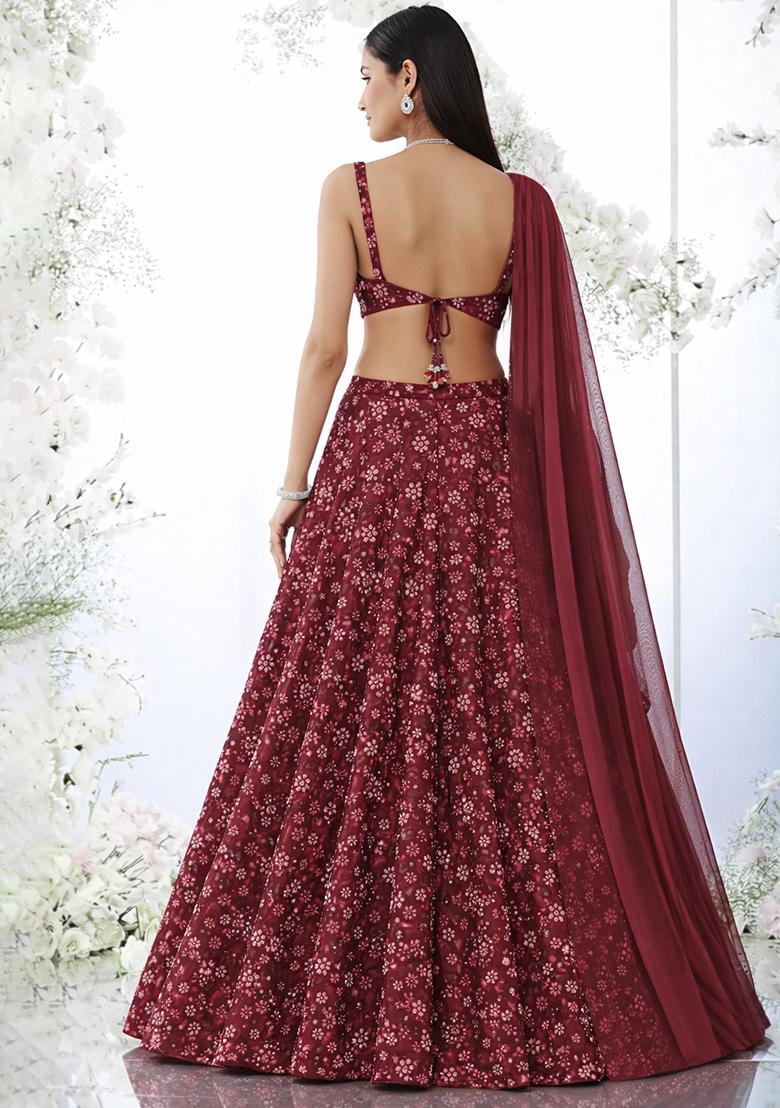 Deep Red Embroidered Net Lehenga Set - Indya
