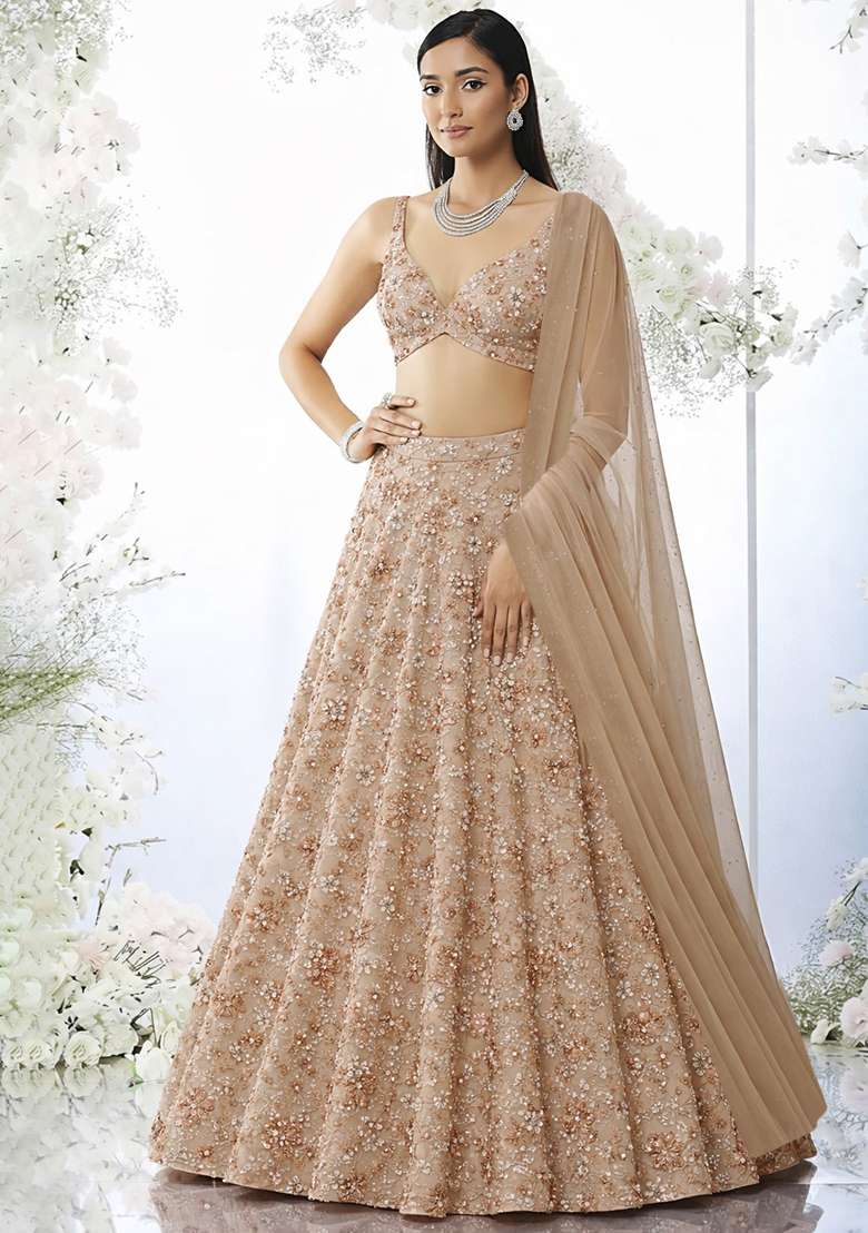 Beige Embroidered Net Lehenga Set - Indya