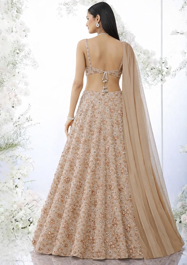 Beige Embroidered Net Lehenga Set - Indya