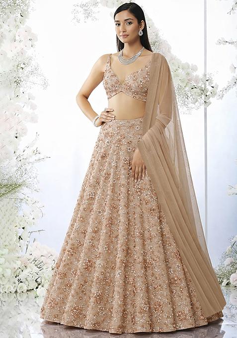 Beige Embroidered Net Lehenga Set
