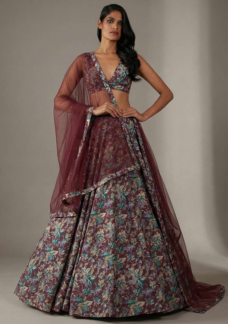 Maroon Satin Lehenga Set with Floral Print for Diwali | Wedding & Festive Wear - Indya