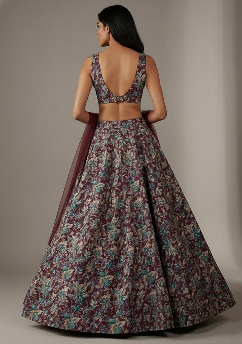 Maroon Floral Print Satin Lehenga Set - Indya