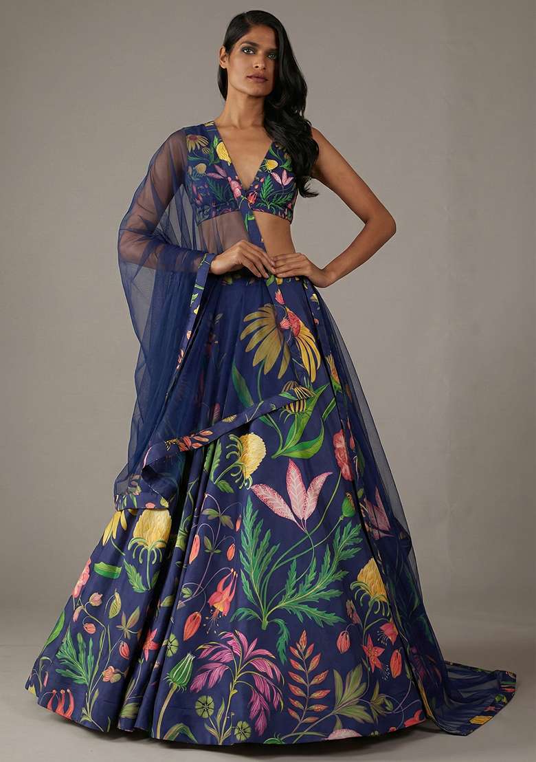 Navy Blue Satin Lehenga Set with Floral Print for Diwali | Wedding & Festive Wear - Indya