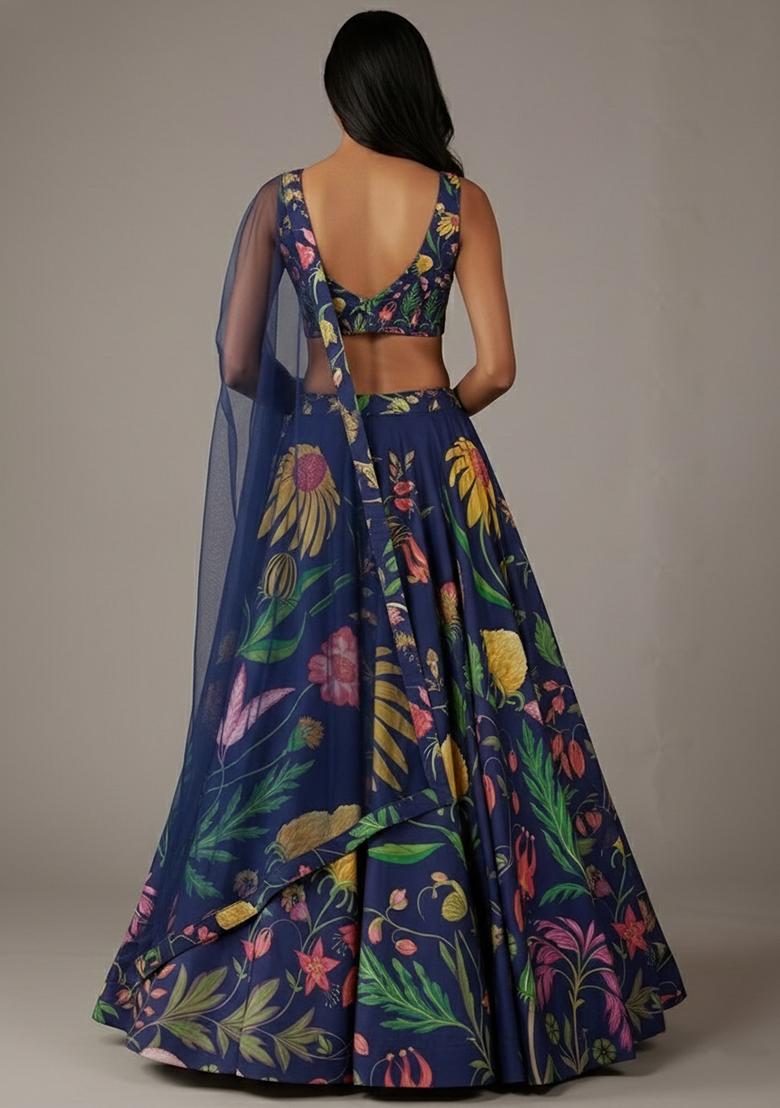 Navy Blue Floral Print Satin Lehenga Set - Indya