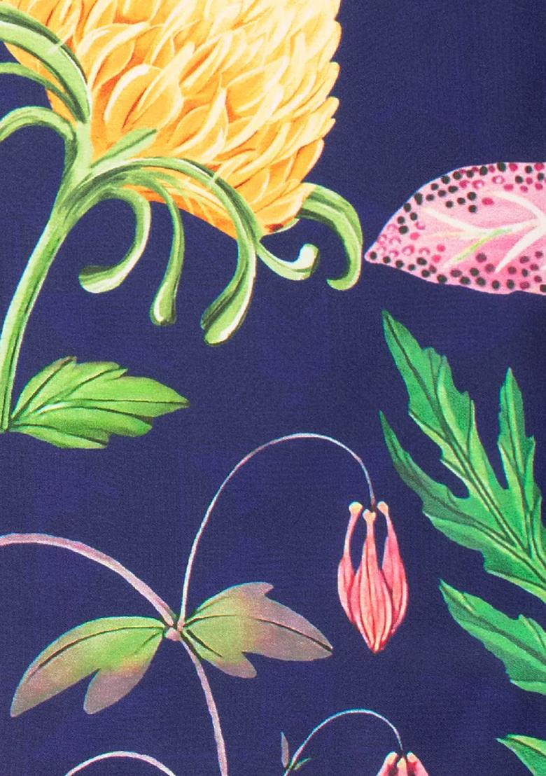 Navy Blue Floral Print Satin Lehenga Set - Indya