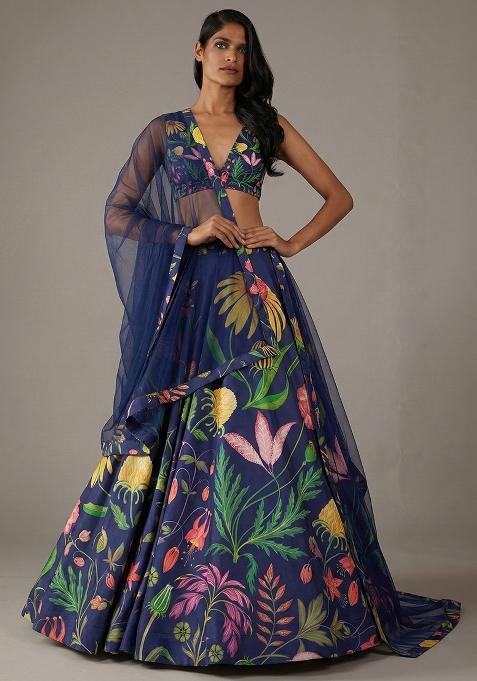 Navy Blue Floral Print Satin Lehenga Set