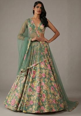 Sage Green Floral Print Satin Lehenga Set