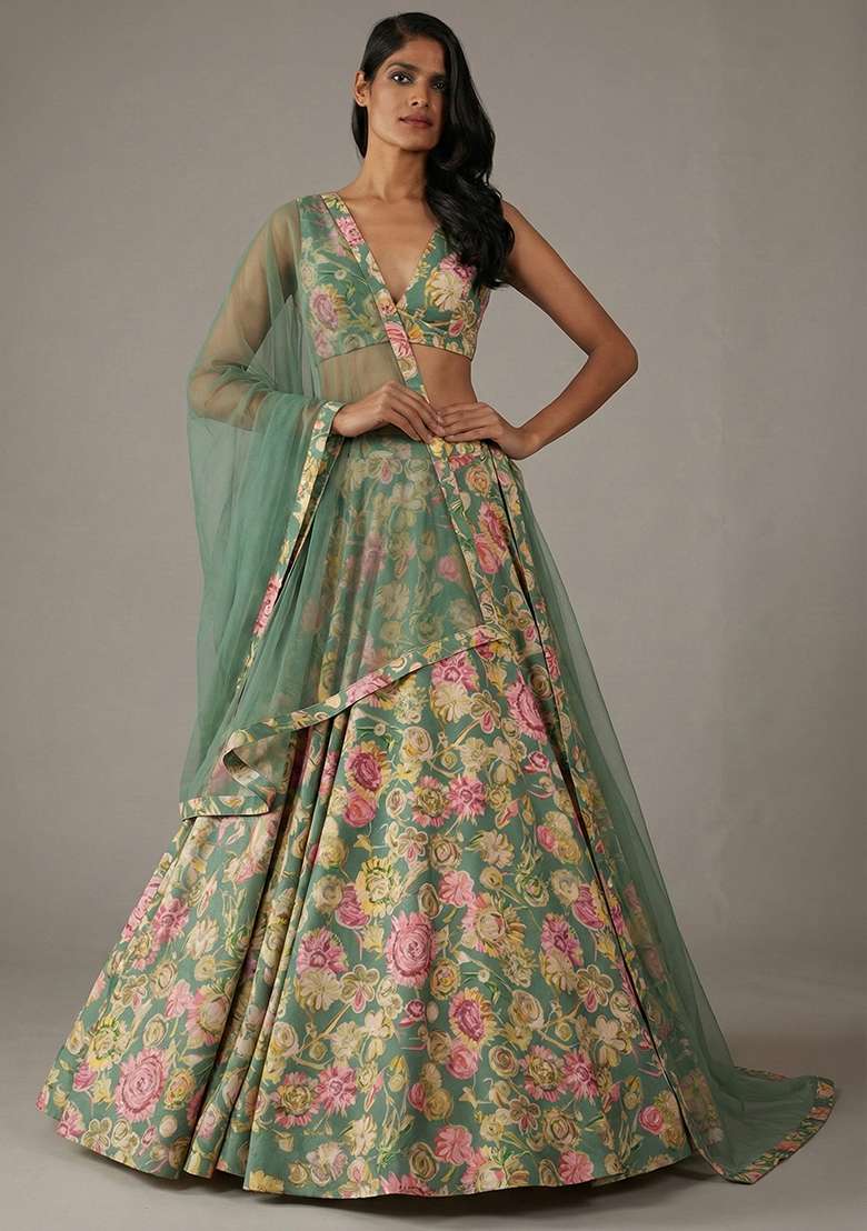 Sage Green Satin Lehenga Set with Floral Print for Diwali | Wedding & Festive Wear - Indya