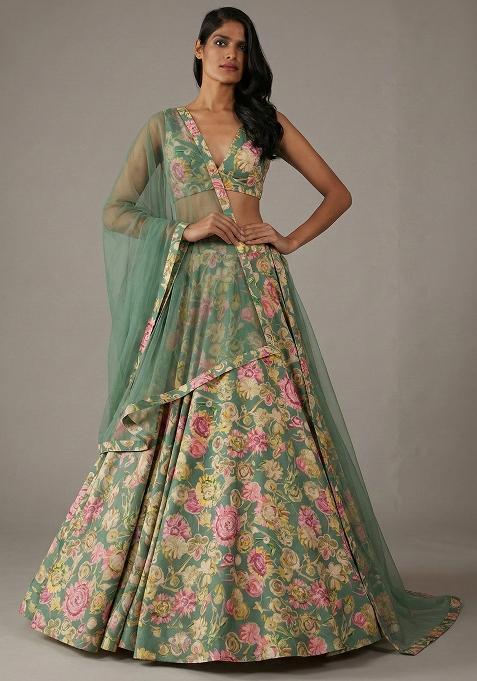 Sage Green Floral Print Satin Lehenga Set — view on Indya