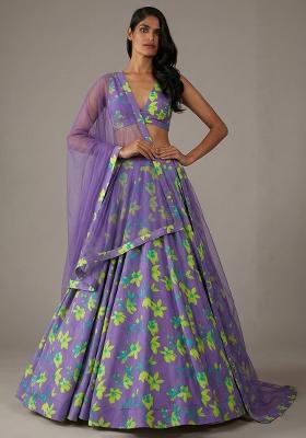 Lavender Floral Print Satin Lehenga Set